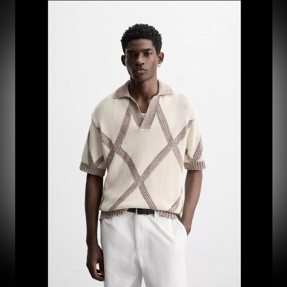 NWT Zara Rhombus Jacquard Knit Polo Shirt - Picture 1 of 11